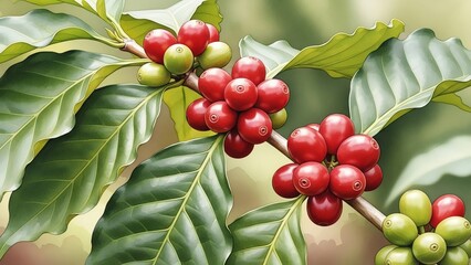 Coffee plant with ripe berries and green leaves