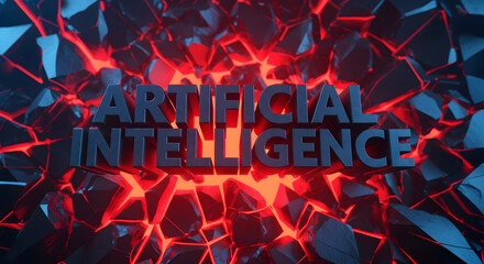 "Artificial Intelligence" 3D text on cracked dark surface with glowing red magma background