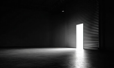 Monochrome warehouse scene with a partially open metal door emitting bright light