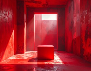 A stark, red interior with a central cube bathed in sunlight streaming through a rectangular opening. The walls have textures