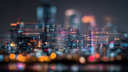 Dynamic night city scene, blurred buildings, vibrant lights, and digital data lines