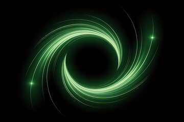 Abstract green swirling light trails forming a vortex on black background