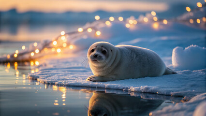Christmas animal scene with cute seal resting on snowy ice near water, glowing festive lights in background create magical winter mood