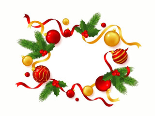 Festive Christmas wreath illustration with red and gold ornaments, ribbons, holly leaves, and fir branches on a white background.