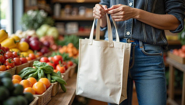 Woman holding a reusable tote bag while shopping for fresh vegetables and fruits in a market - Powered by Adobe