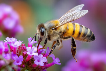Honeybee gathering nectar from a purple flower in a vibrant garden