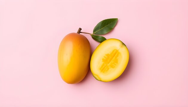 &ldquo;Minimal tropical mango duo: one whole mango with yellow-to-red gradient skin and green leaf, one halved to reveal smooth yellow-orange flesh and seed cavity, arranged on a solid pastel pink backgroun