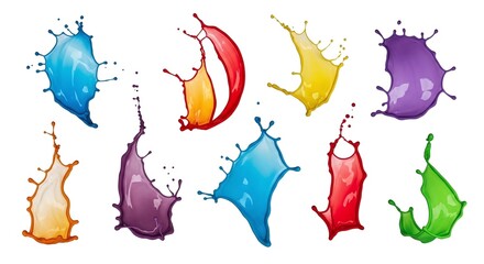 Collection of colorful liquid paint splashes isolated on white background