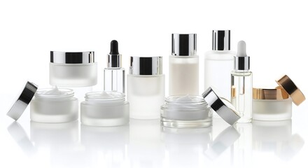 Assortment of luxury cosmetic skincare cream and serum bottles isolated on white background