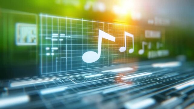 Digital Symphony: A vibrant visualization of digital music, with a glowing musical note set against an illuminated grid, evokes the essence of technology and sound.