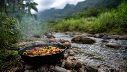 Outdoor cooking by a flowing river with a pan of food and lush green mountains