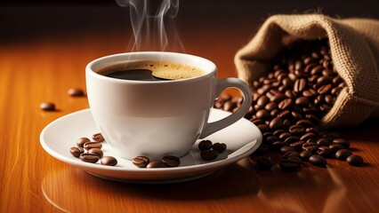 Fototapeta premium Coffee cup with beans on wooden table
