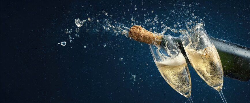 Champagne bottle popping, cork flying, liquid splashing into two flutes