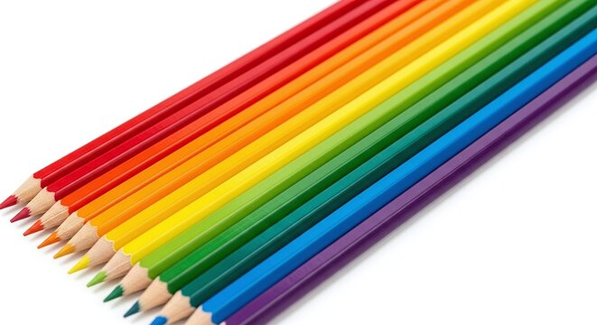 Row of sharpened colored pencils arranged in rainbow spectrum isolated on white background