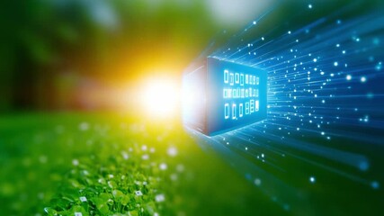 Digital Data Stream: An abstract visualization showcasing data streams illuminating a digital microchip, with an ethereal light and blurred background. The fusion of technology and nature. - Powered by Adobe