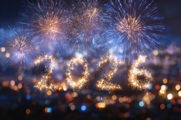 Fototapeta premium Golden 2026 and Fireworks in Abstract Blue Evening Light
