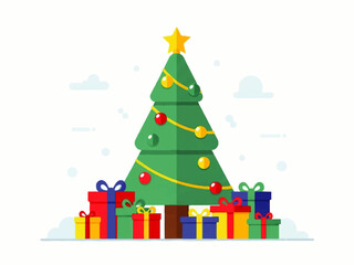A stylized Christmas tree decorated with ornaments and a star, surrounded by colorful wrapped presents.