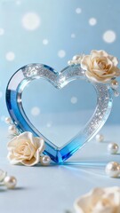 Blue heart-shaped decor with roses and pearls, elegant style. 