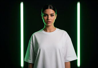 Portrait of stylish young woman in white t-shirt standing between green neon lights, looking confident and cool with cyberpunk vibe against black background.