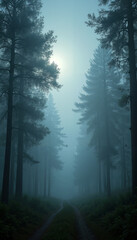 Fototapeta premium Misty forest path with tall trees under soft light of the moon 