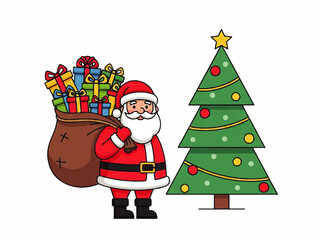 Cartoon illustration of Santa Claus carrying a sack full of colorful gifts next to a decorated Christmas tree with a star on top.