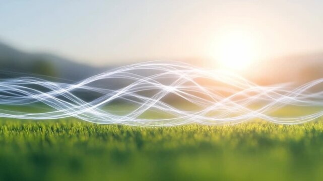 Energy Flow in the Green: A mesmerizing display of intertwined light streaks gracefully dances over a vibrant, verdant expanse, all under a bright sun.