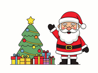 Cartoon illustration of Santa Claus waving next to a Christmas tree with presents underneath.