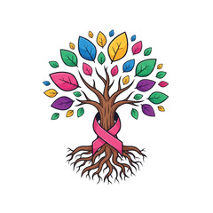 Tree of life with a pink ribbon symbolizing breast cancer awareness and hope