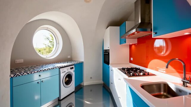 Contemporary kitchen design featuring vibrant blue cabinets, a bold red backsplash, a round window with natural light, built-in appliances, and sleek countertops in an arched room.