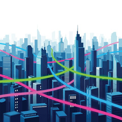 Connected Cityscape with Neon Data Streams