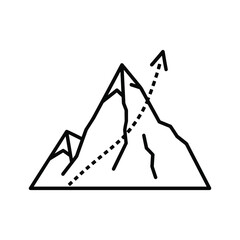 Mountain peak with upward arrow path icon, symbolizing challenge, growth, ambition, success, and overcoming obstacles