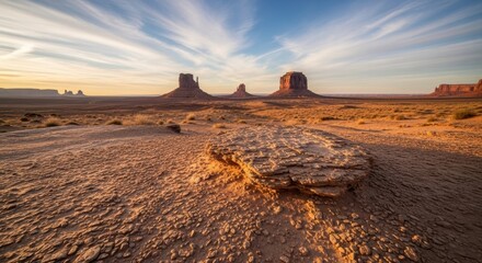 Scenic view of monument valley's majestic rock formations at sunset