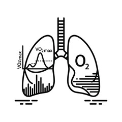 Detailed human lung diagram with vo2 max graph and o2 symbol representing respiratory fitness and oxygenation.