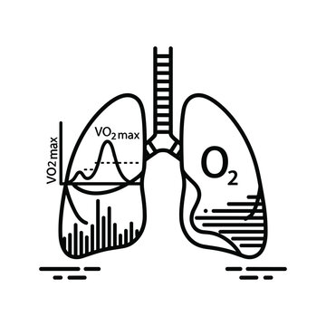 Detailed human lung diagram with vo2 max graph and o2 symbol representing respiratory fitness and oxygenation.
