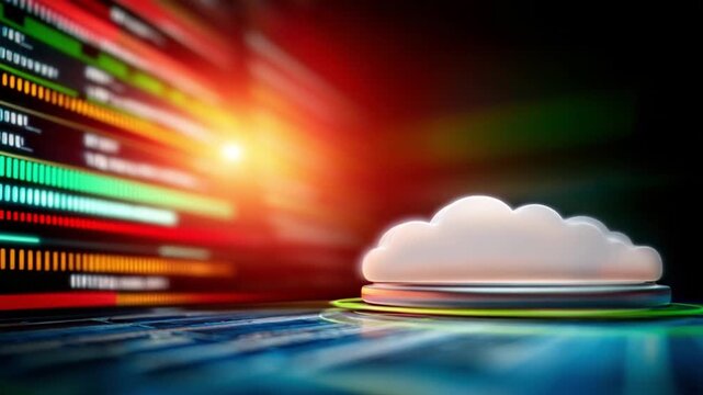 Cloud Computing: A luminous cloud symbol sits amidst a dynamic display of data streams and digital infrastructure, embodying the essence of cloud computing and interconnectedness.