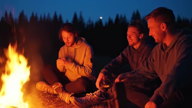 Happy Young Men Friends Enjoying Storytelling Around Warm Campfire at Night in Forest