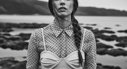 Young caucasian woman in polka dot blouse by rocky seaside