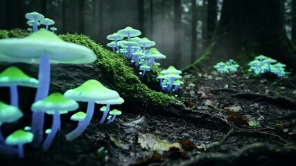 A magical forest environment where clusters of luminescent mushrooms emit a soft, ethereal light, creating an otherworldly and serene nocturnal scene. - Powered by Adobe