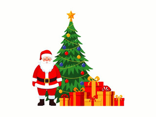 Santa Claus stands next to a decorated Christmas tree with a star on top and a pile of wrapped gifts underneath.