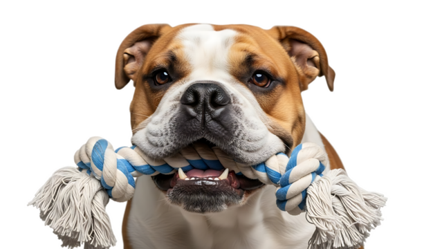 Close up of a bulldog holding a blue and white rope toy in its mouth on a black background image