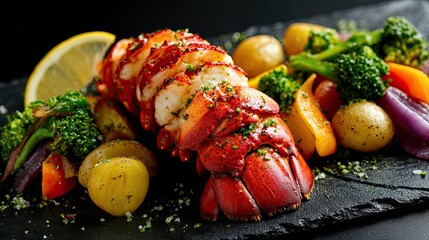 Red lobster with vegetables and lemon on a black slate stand