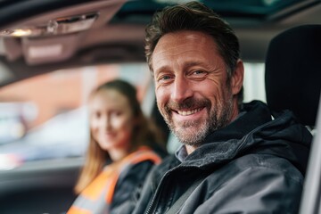 Happy Driving Coach Ready for Practical Driving Skills Evaluation