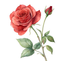 A watercolor illustration of a red rose in full bloom with a bud on a white background art