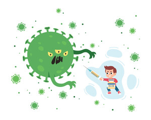 Vaccinated boy with syringe as sword fighting the Virus monster. Vaccination power concept. Children vaccination. Flat design. Vaccination protects from viruses.