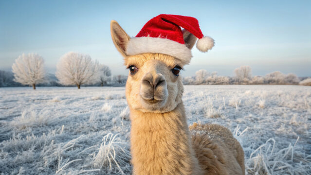 Christmas animal wearing red Santa hat stands in snowy winter field with frosty trees and clear blue sky, creating festive mood