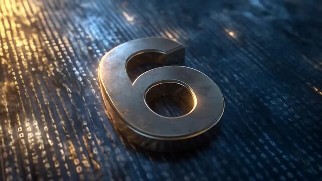 Metallic Number Six on Digital Binary Background