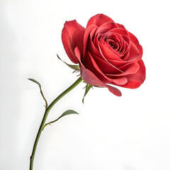 Fototapeta premium A single red rose with a long green stem and small leaves against a white background studio shot