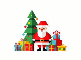 Flat vector illustration of Santa Claus standing next to a Christmas tree and surrounded by colorful wrapped presents on a white background.