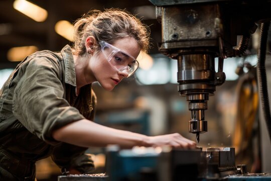 Industrial Female Worker Operating Workshop Machinery with Focus