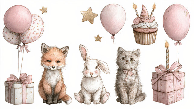 Watercolor birthday illustration set with cute woodland animals, balloons, gifts, cupcake and decorative elements, created with generative AI. - Powered by Adobe